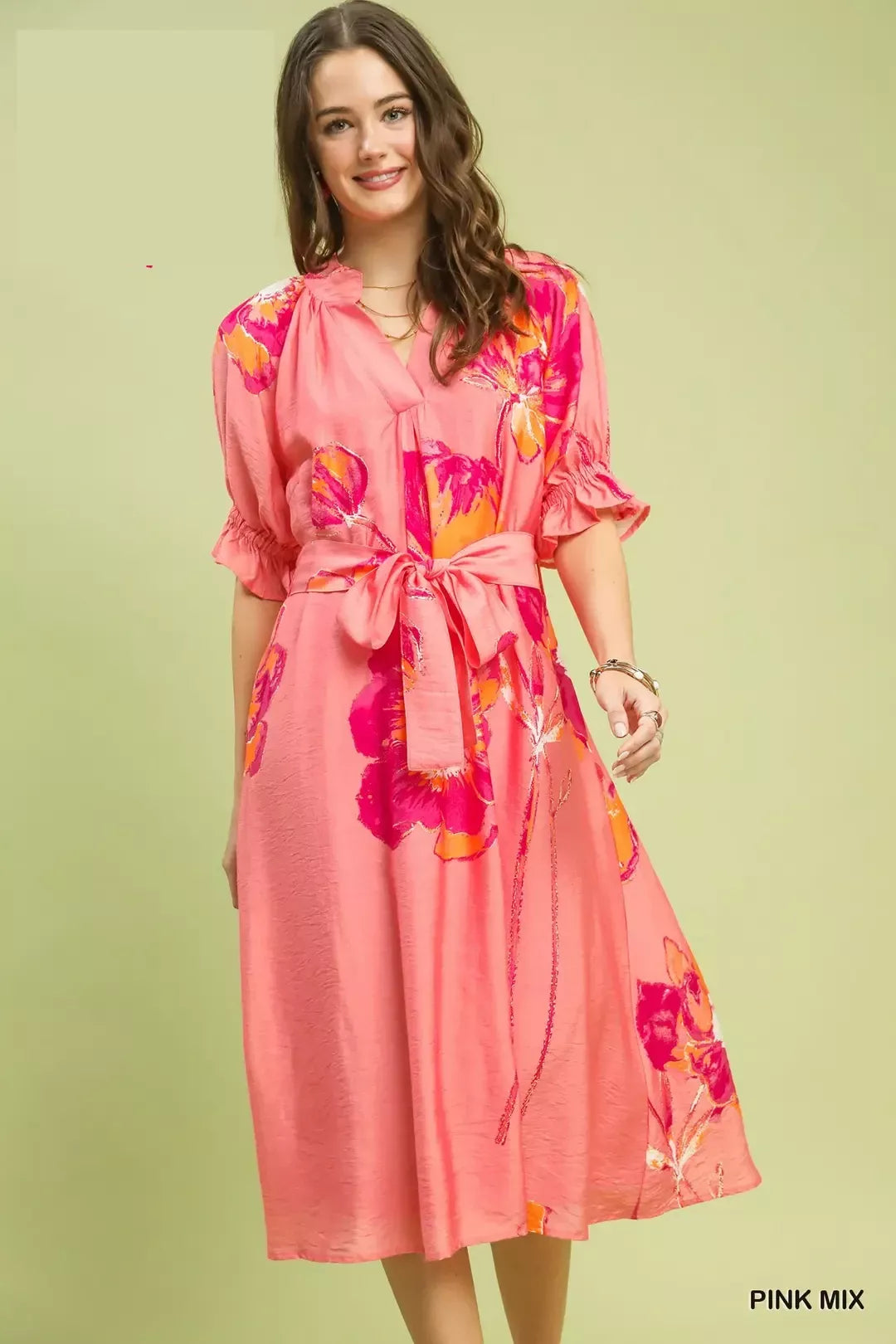 Hazel Blues® |  Umgee Floral Flounce Sleeve Midi Dress with Belted