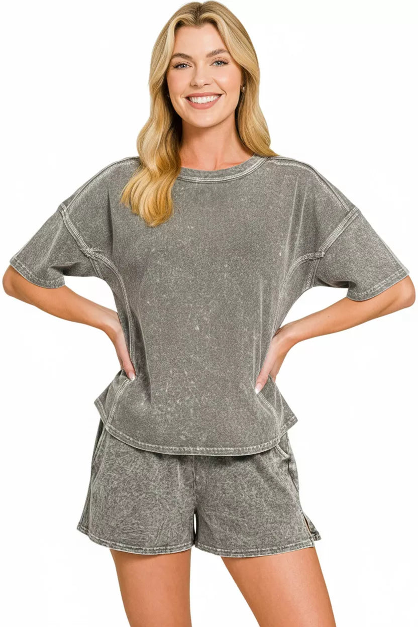 Hazel Blues® |  Zenana Halo Snow Washed Short Sleeve Tee and Shorts Set