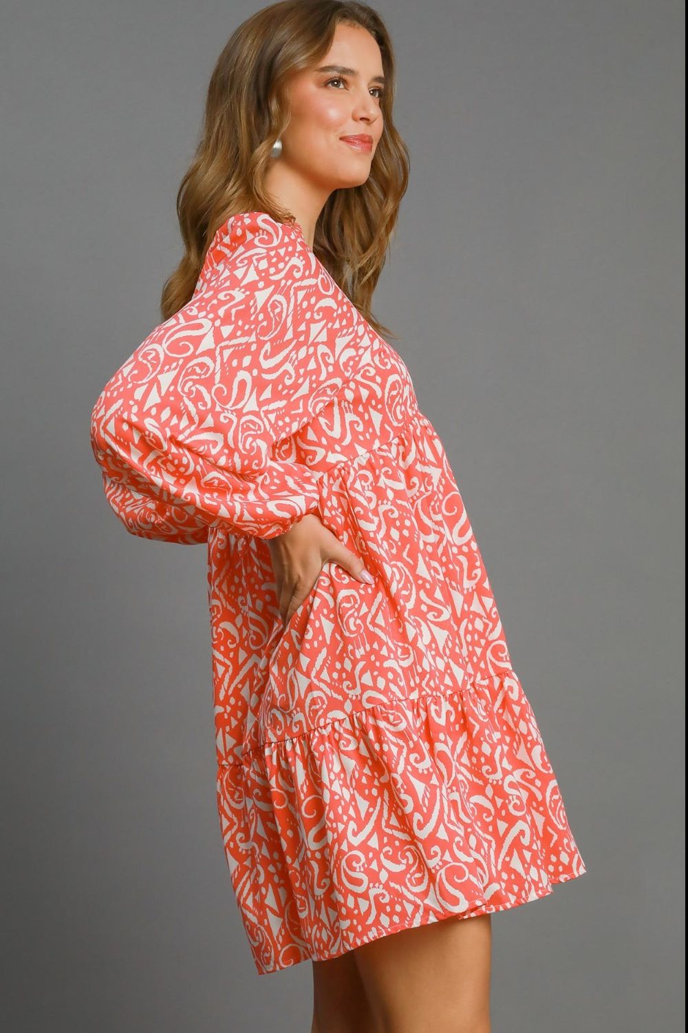 Hazel Blues® | Umgee Two Tone Print Balloon Sleeve Tiered Dress