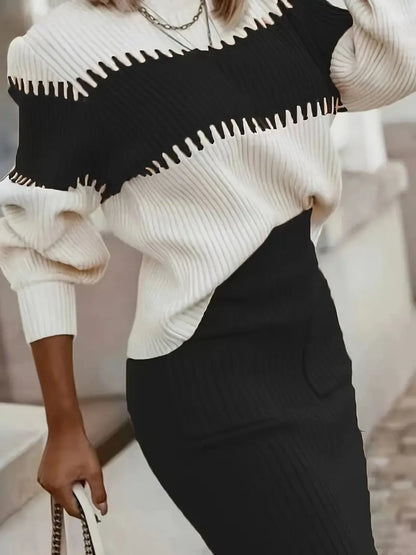 Hazel Blues® |  Two-Tone Ribbed Knit Top and Skirt Sweater Set