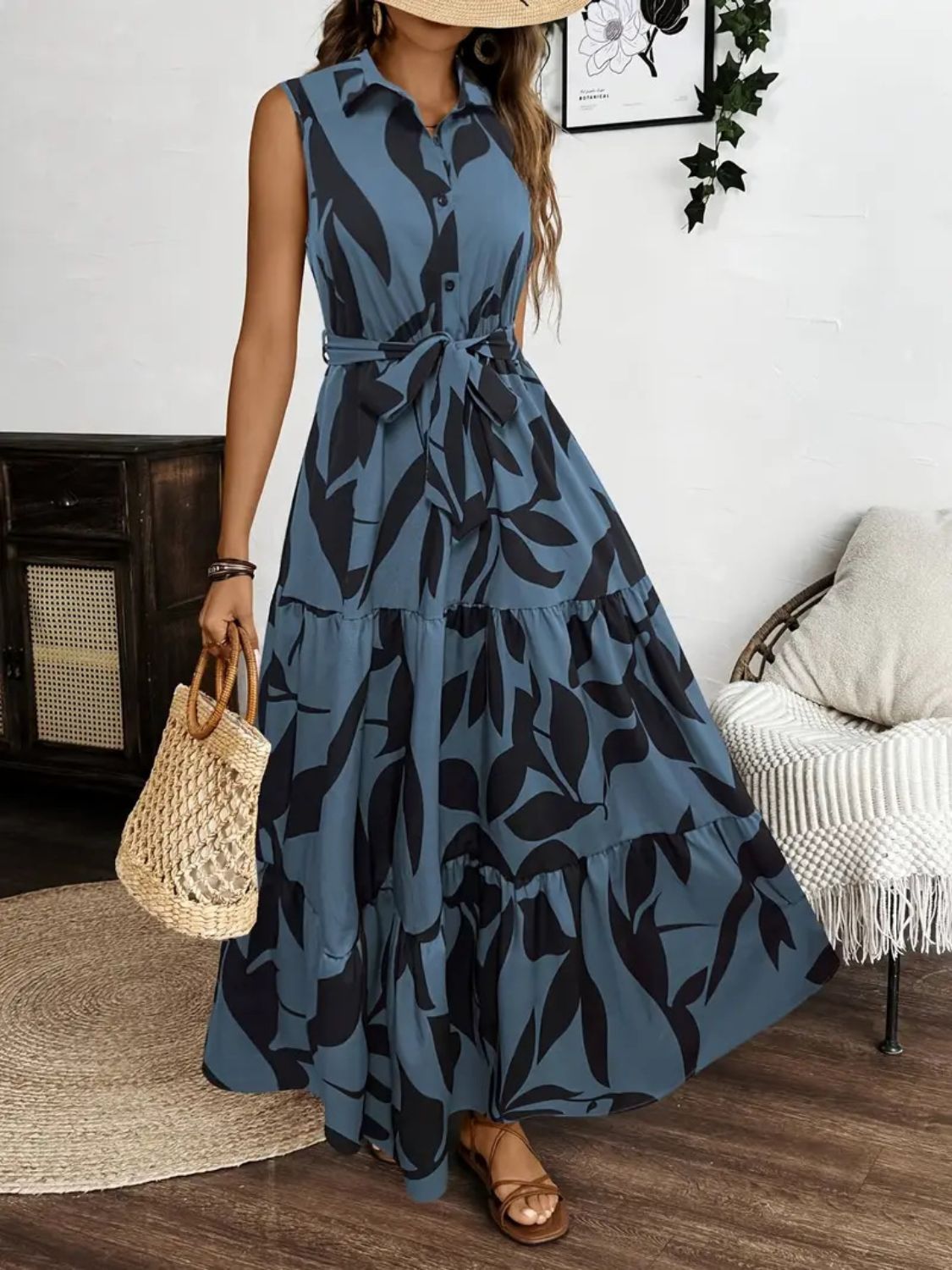 Hazel Blues® |  Printed Tie Waist Sleeveless Maxi Dress