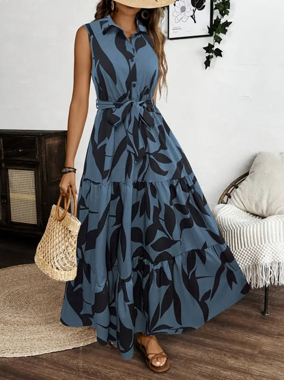 Hazel Blues® |  Printed Tie Waist Sleeveless Maxi Dress
