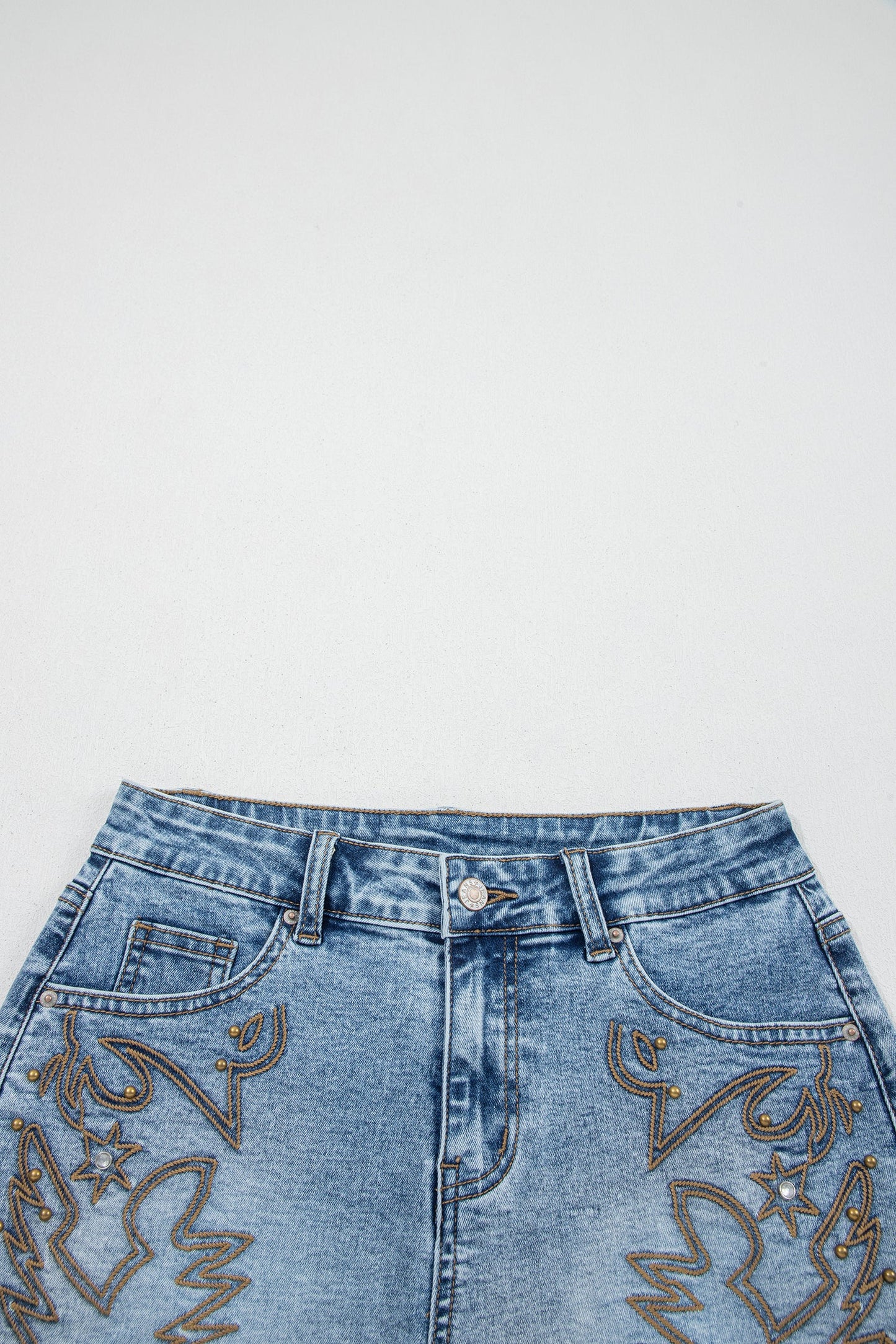 Hazel Blues® |  Dusk Blue Western Embroidery Stud Denim Shorts Summer Daily Wear