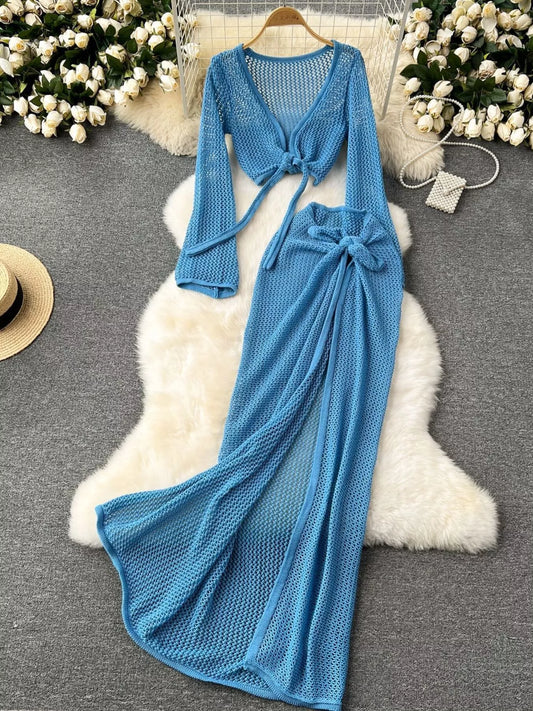 Hazel Blues® |  Knitted Crop Top and Slit Skirt Set