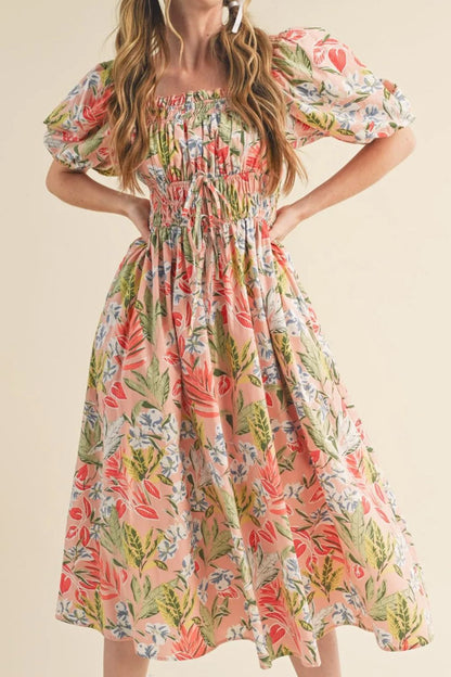 Hazel Blues® |  Floral Smocked Square Neck Puff Short Sleeve Midi Dress
