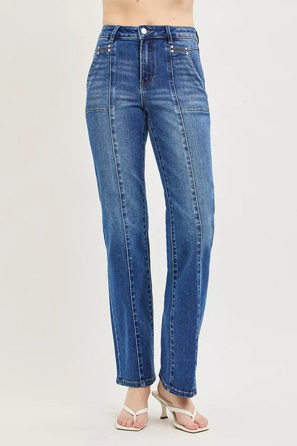 Hazel Blues® |  RISEN High Rise Straight Patch Pocket Seamed Jeans