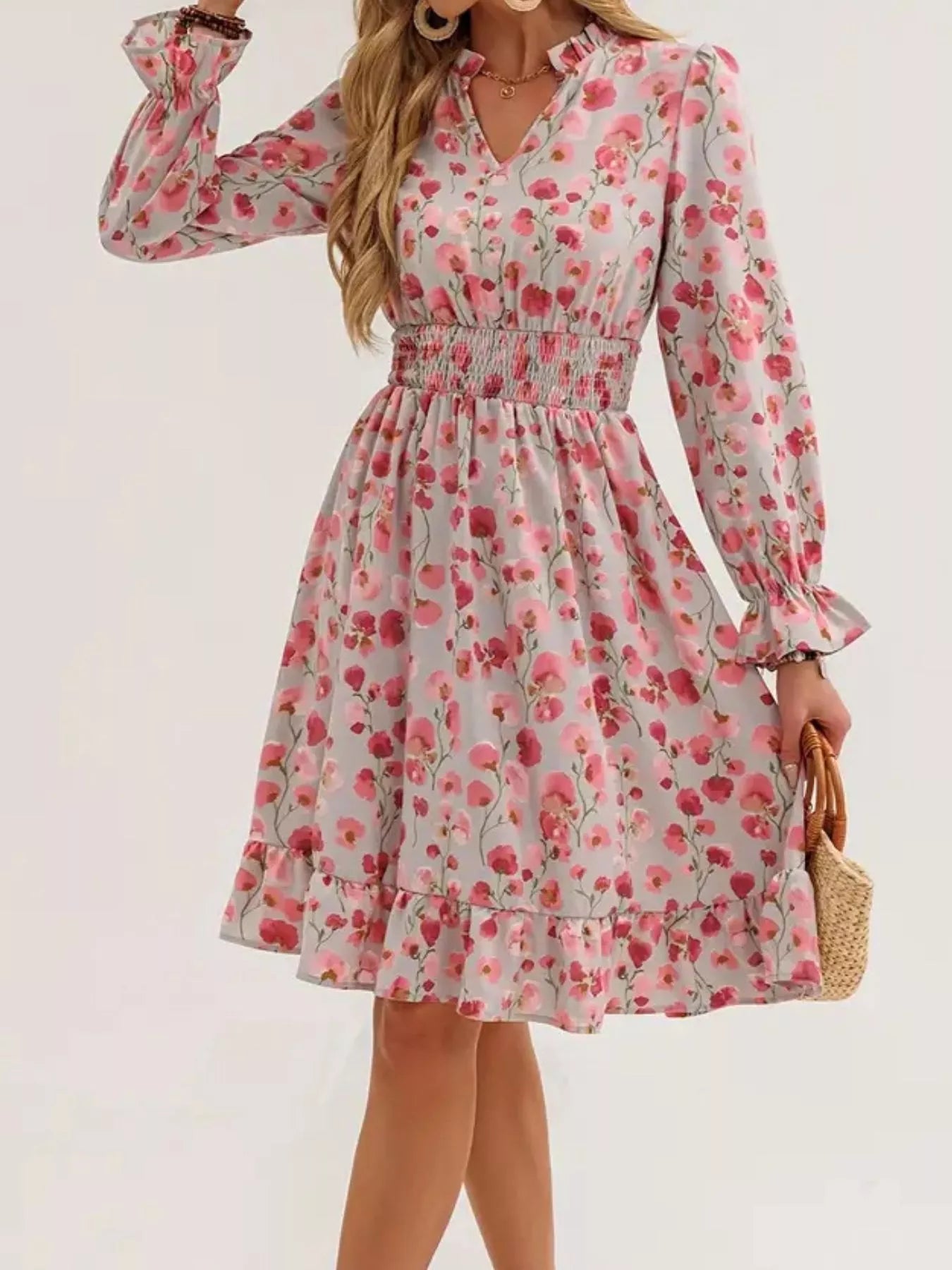 Hazel Blues® |  Floral Notched Flounce Sleeve Dress