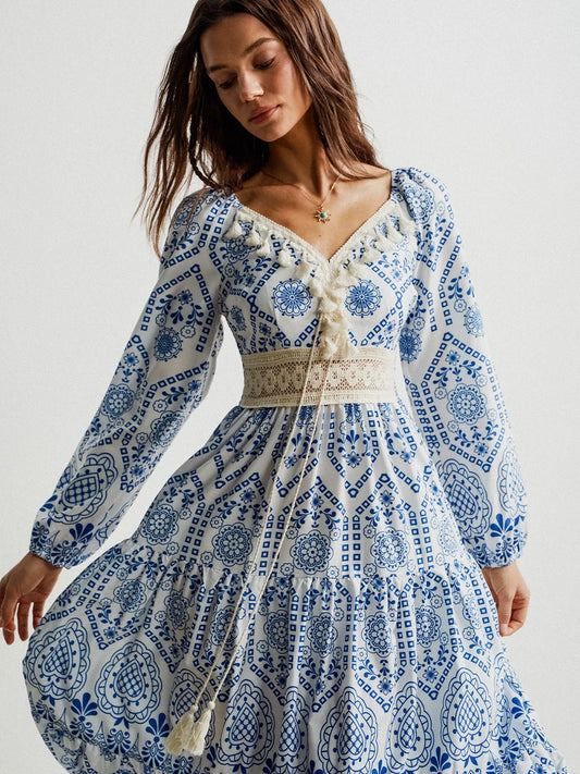 Hazel Blues® |  Bohemian Print Midi Dress with Tassel Detail