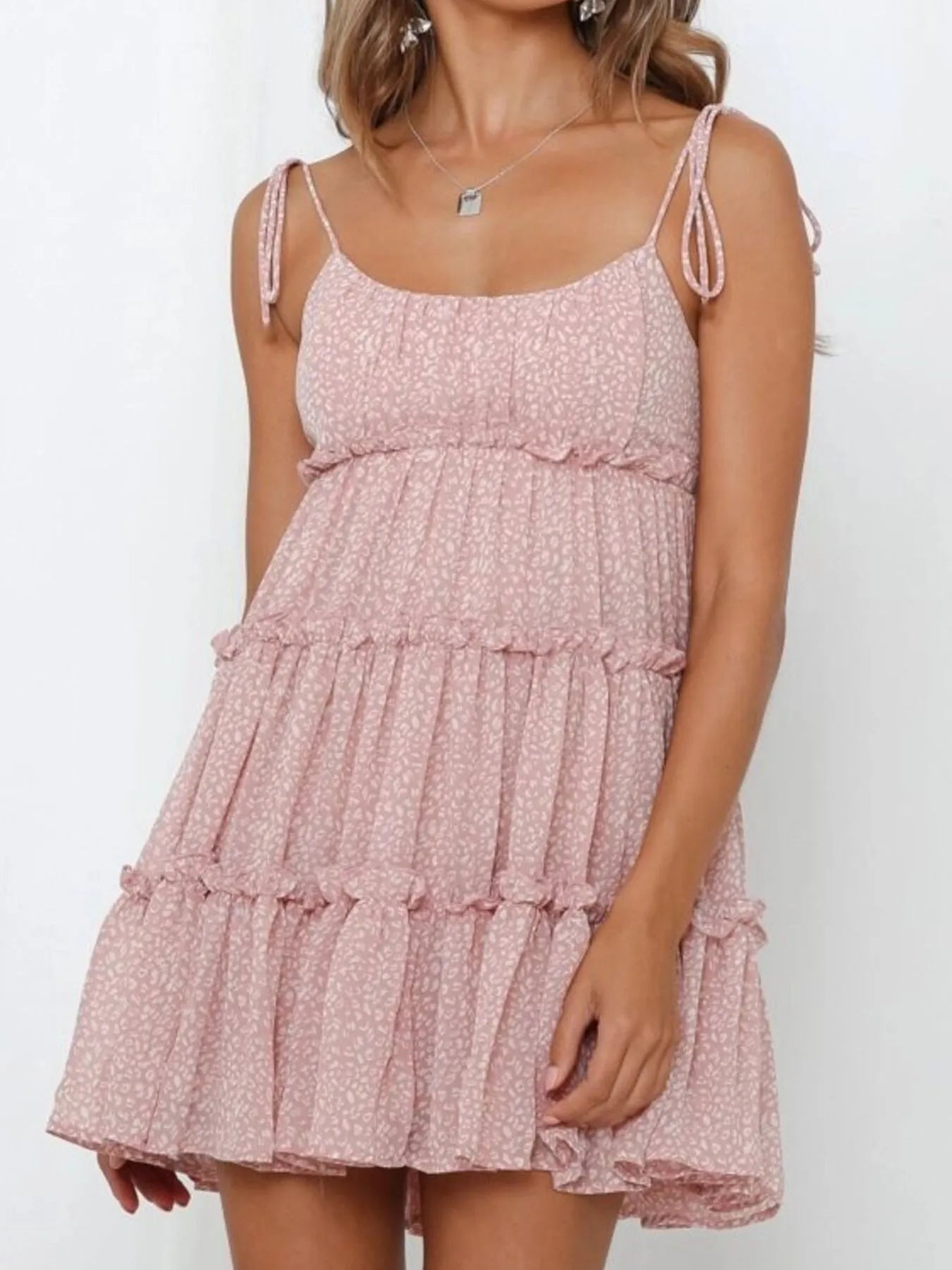 Hazel Blues® |  Printed Tie-Strap Tiered Mini Dress