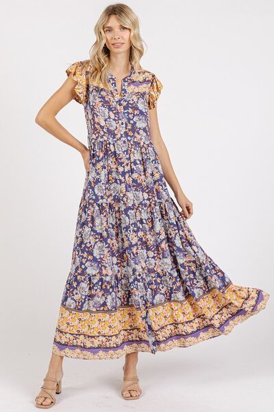 Hazel Blues® |  Mittoshop Floral Ruffled Notched Cap Sleeve Maxi Dress