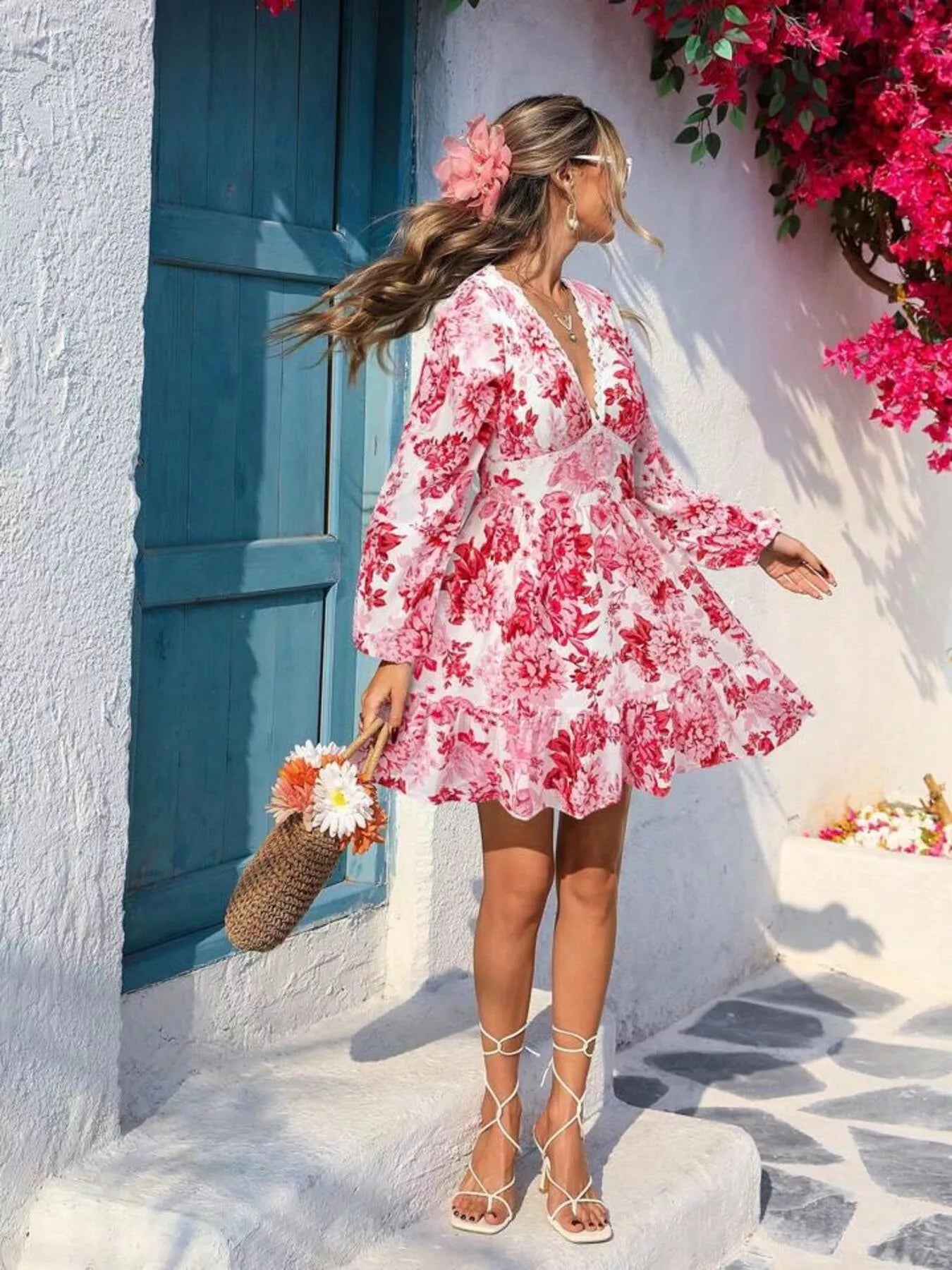 Hazel Blues® | Floral Print V-Neck Long Sleeve Ruffle Hem Mini Dress