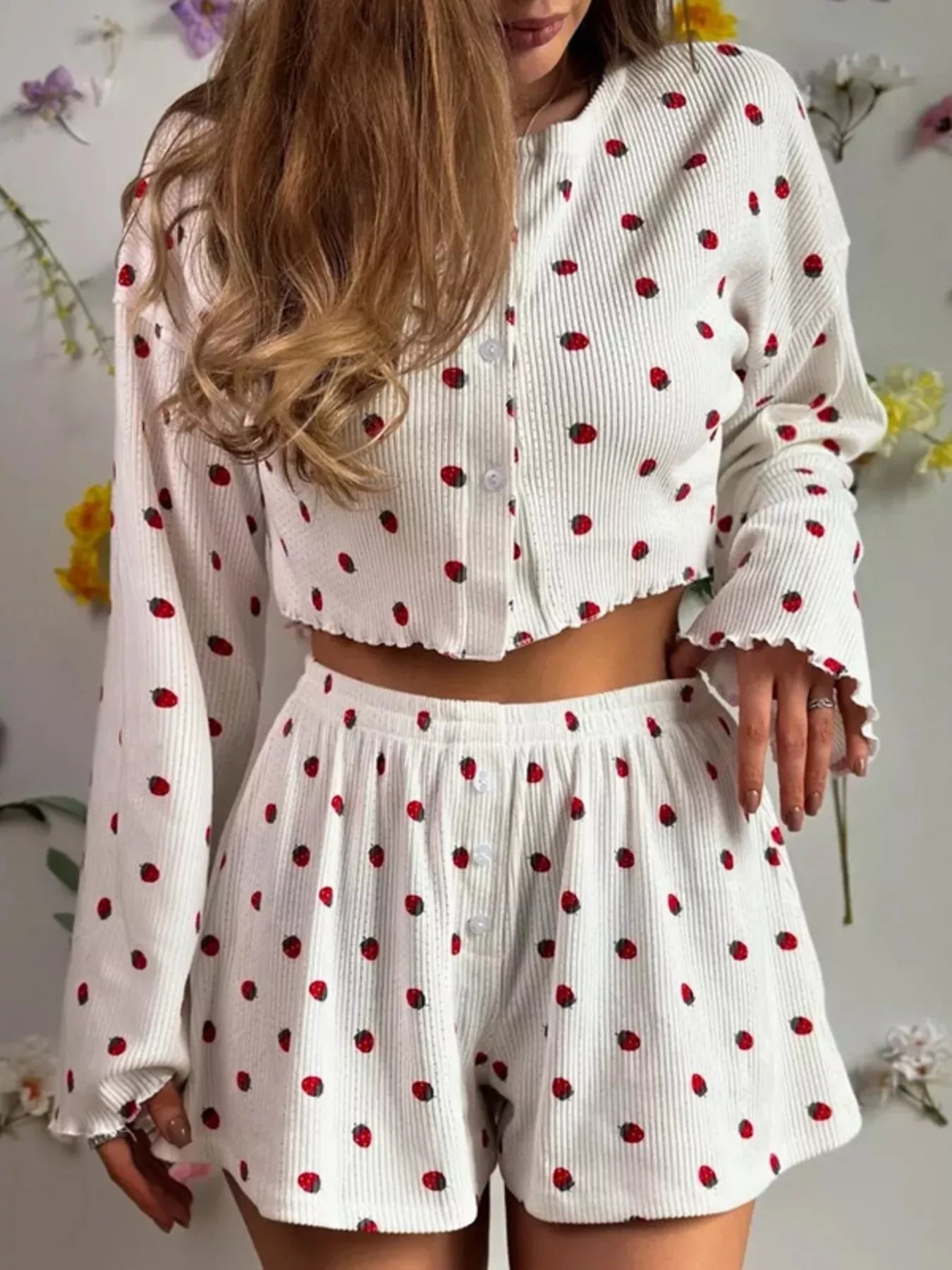 Hazel Blues® |  Strawberry Print Button-Down Top and Shorts Lounge Set