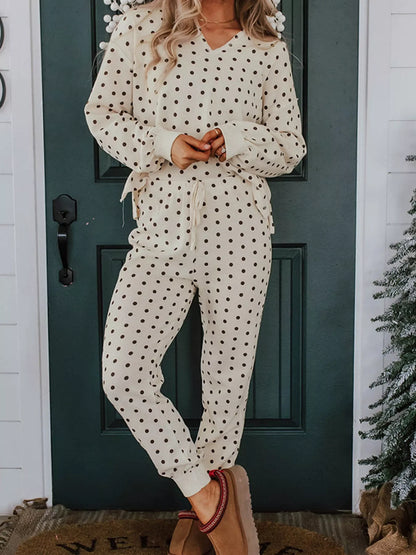 Hazel Blues® |  Polka Dot Notched Long Sleeve Top and Drawstring Joggers Lounge Set