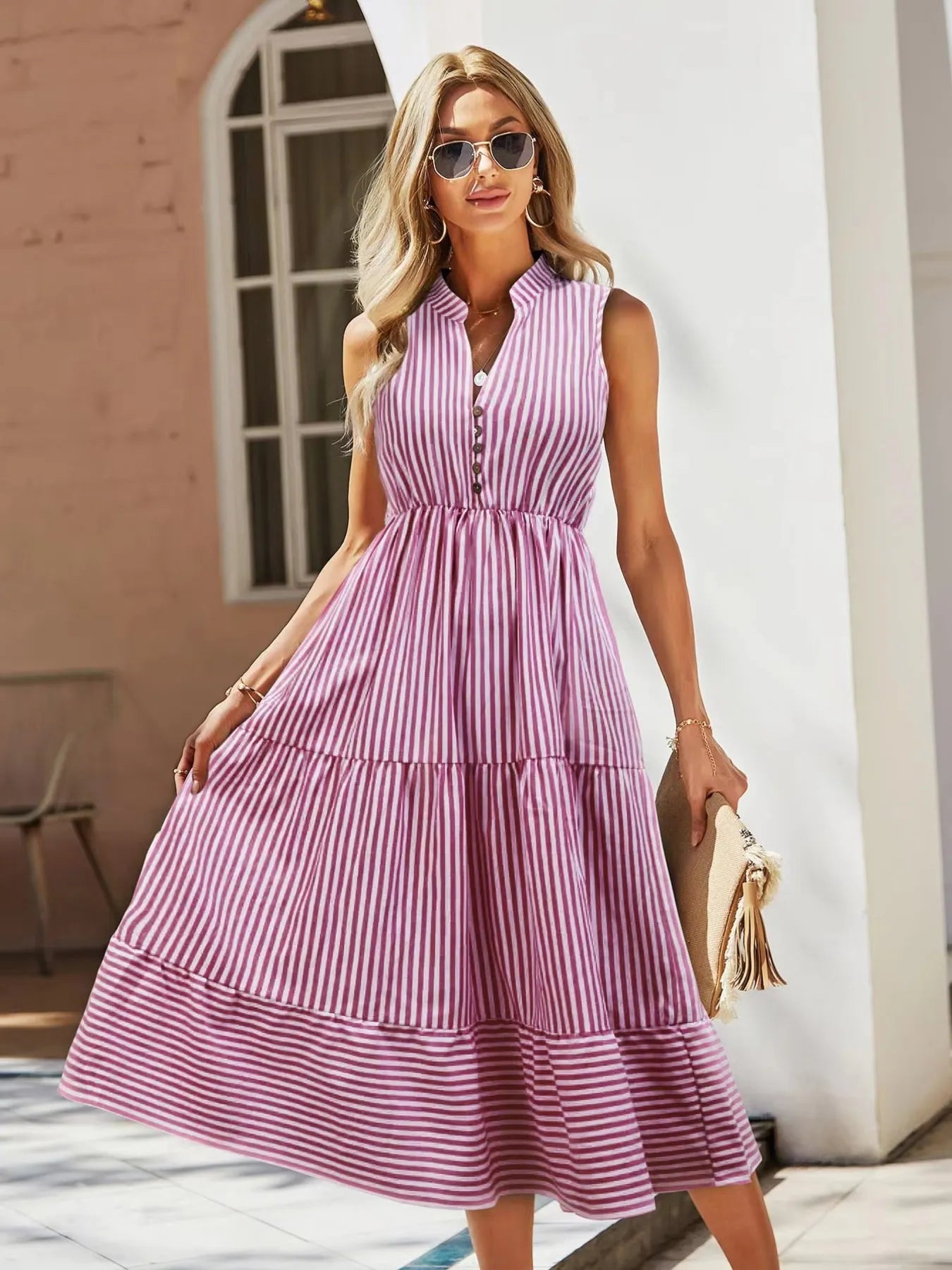 Hazel Blues® |  Striped Sleeveless Tiered Midi Dress
