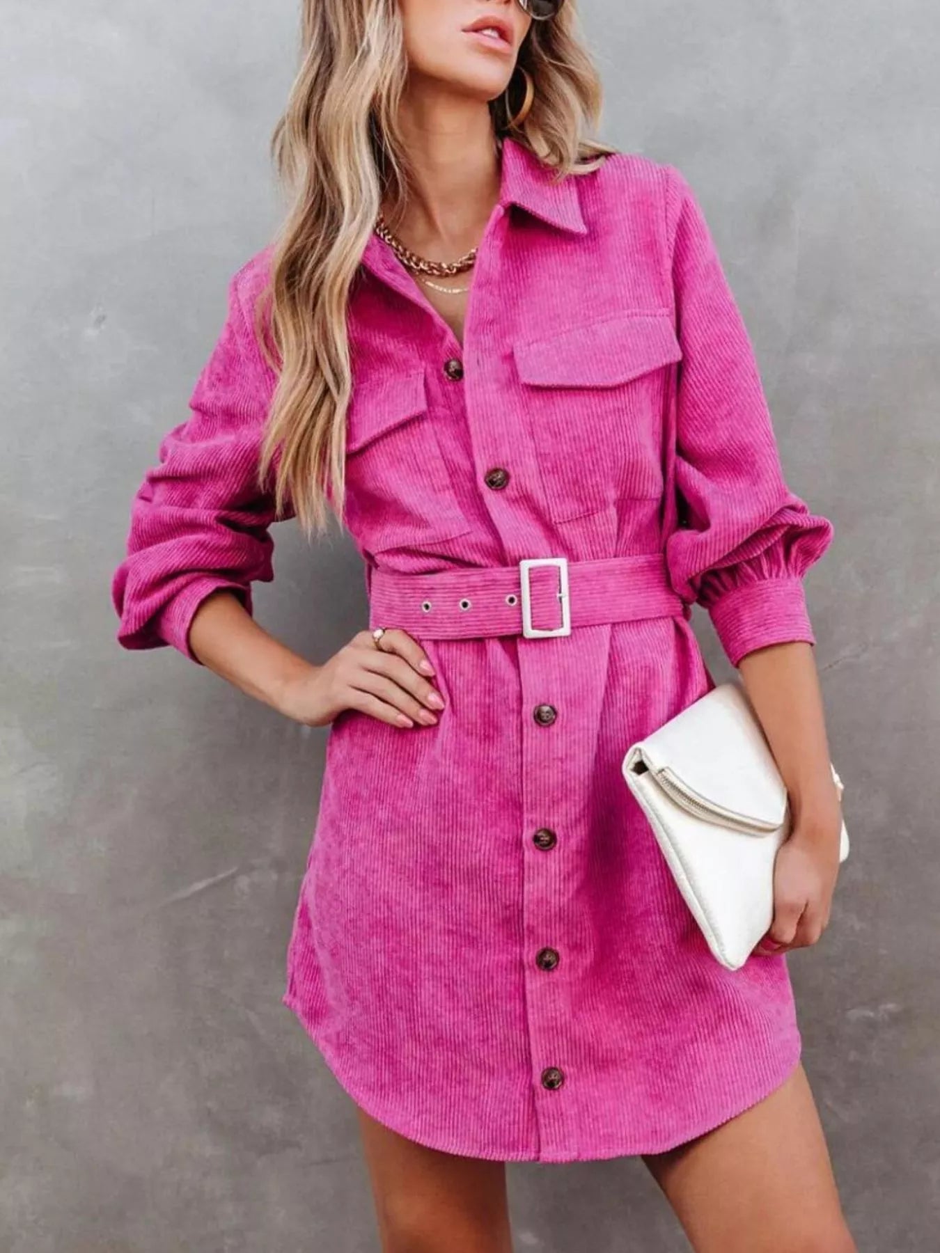 Hazel Blues® |  Button Front Belt Long Sleeve Corduroy Dress