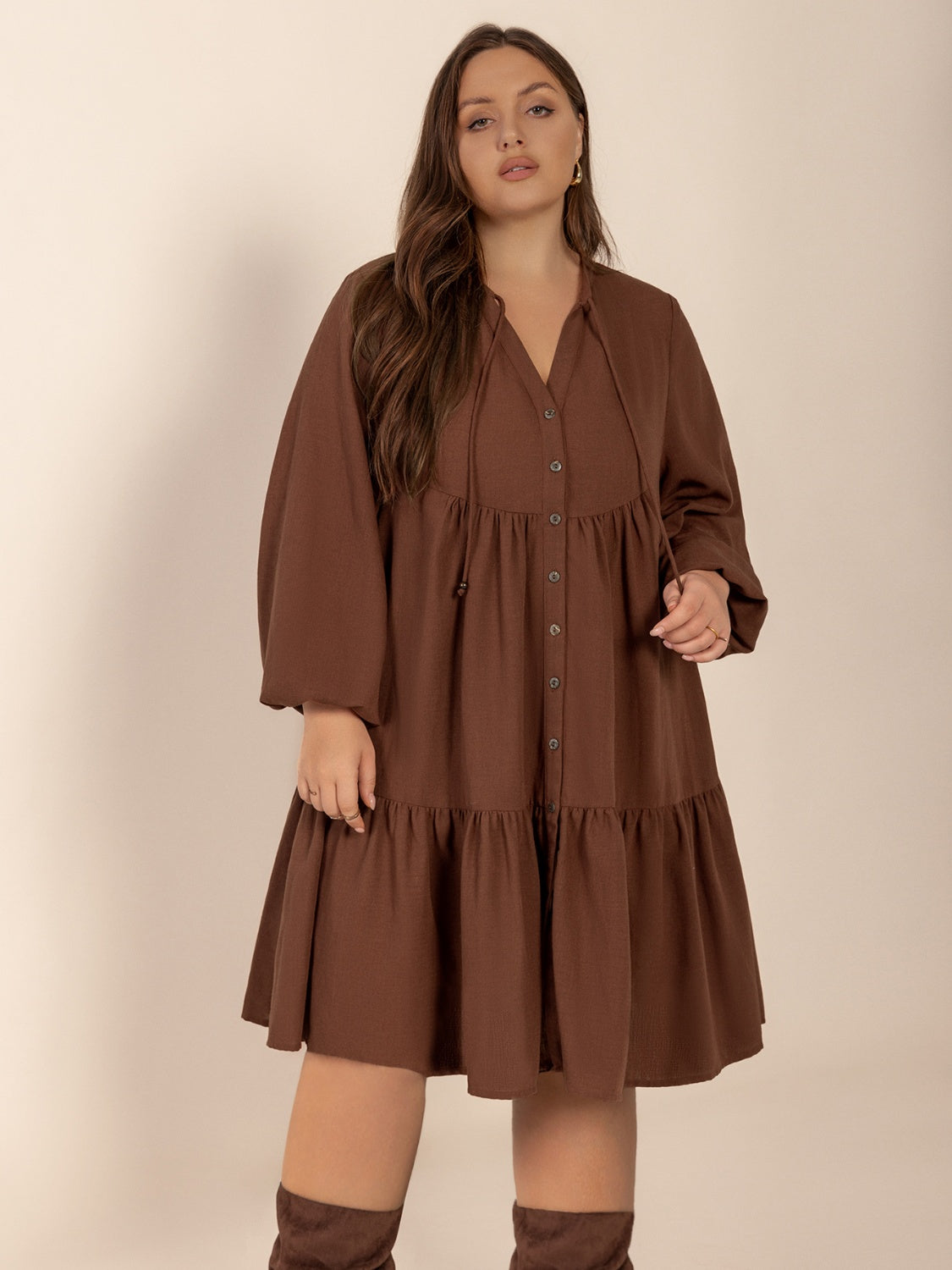 Hazel Blues® | Tie Neck Balloon Sleeve Tiered Dress