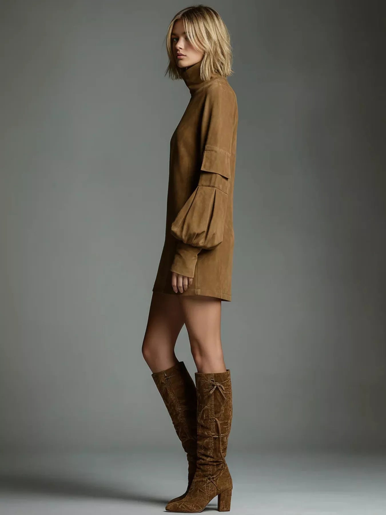 Hazel Blues® | Suede Turtleneck Lantern Sleeve Mini Dress