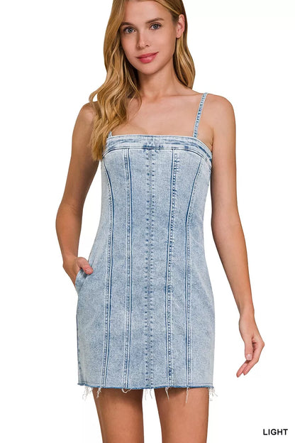 Hazel Blues® |  Zenana Spaghetti Strap Exposed Seam Light-Wash Dress