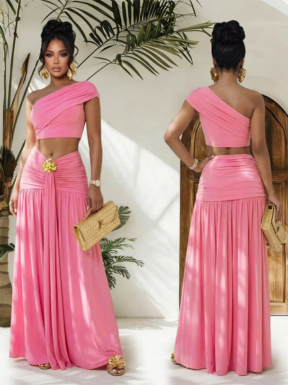Hazel Blues® |  One-Shoulder Top and Ruched Maxi Skirt Set