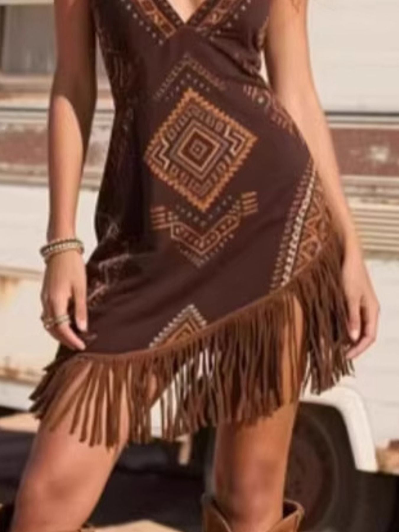 Hazel Blues® |  Fringe Trim Geometric Mini Dress