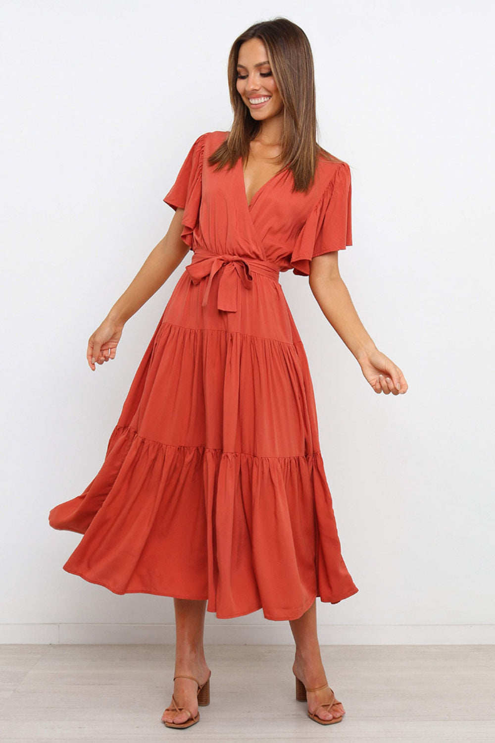 Hazel Blues® |  Tied Tiered Short Sleeve Midi Dress