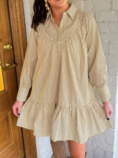 Hazel Blues® |  Stripe Collared Neck Cuffed Long Sleeve Drop Waist Mini Dress