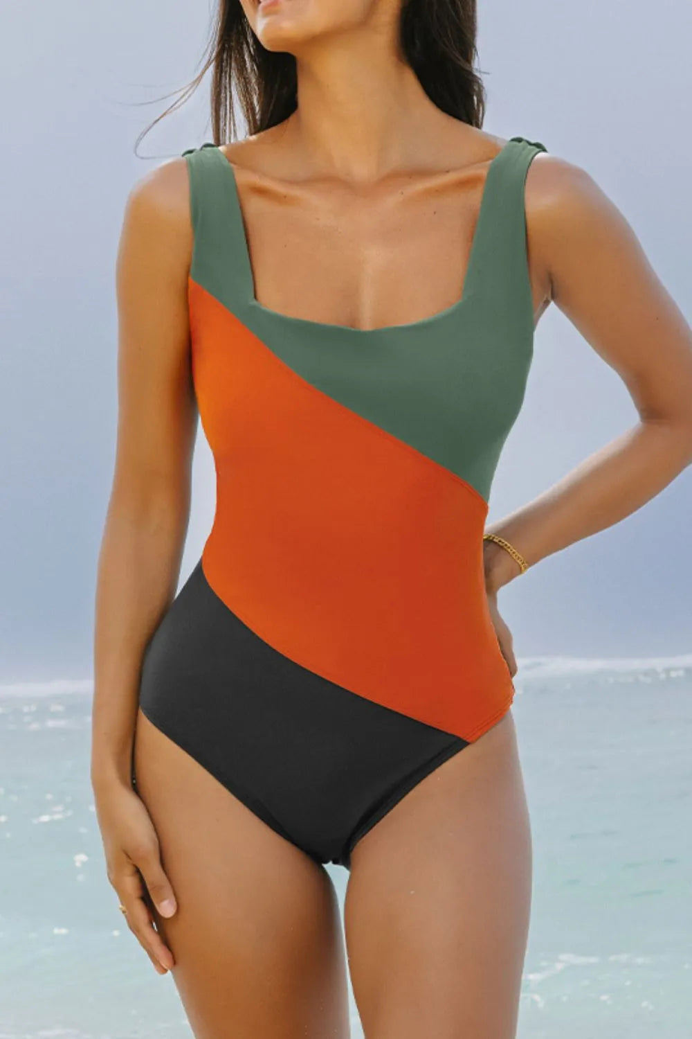 Hazel Blues® | Color Block Padded Square Neck One Piece Swimsuit