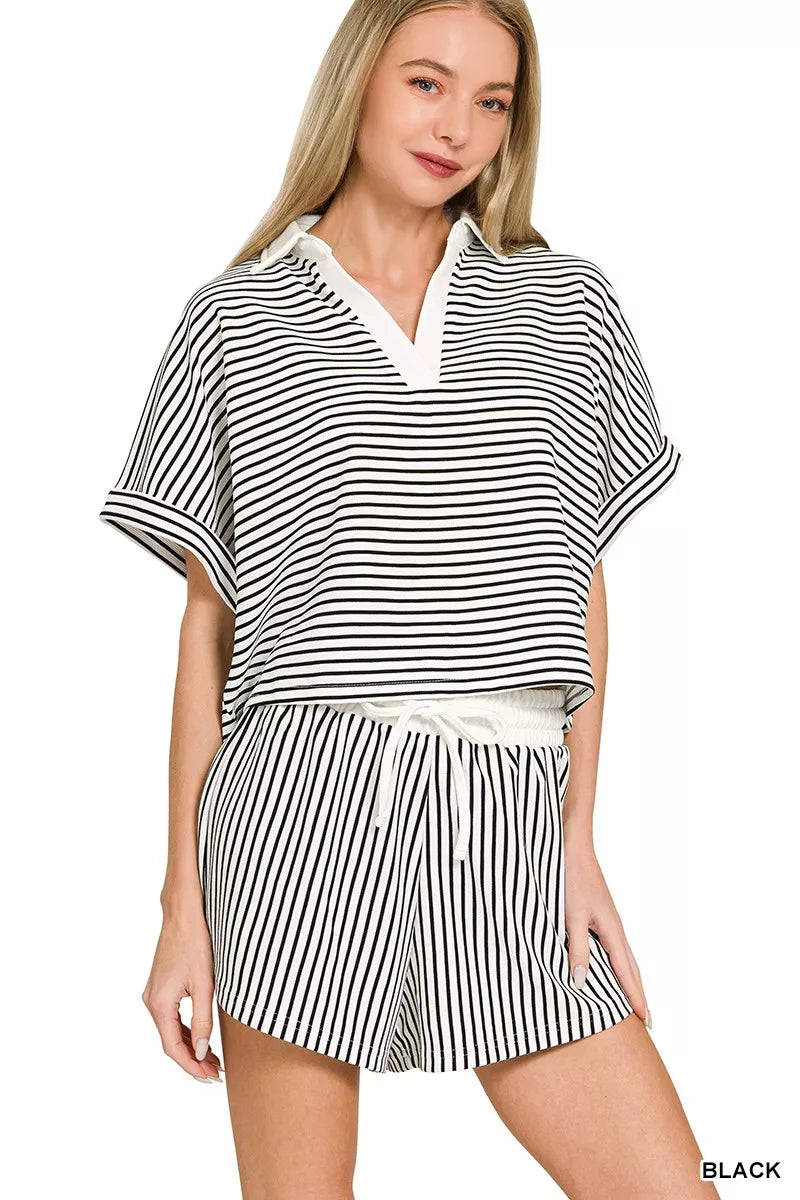 Hazel Blues® |  Zenana Striped Collared Top & Shorts Set