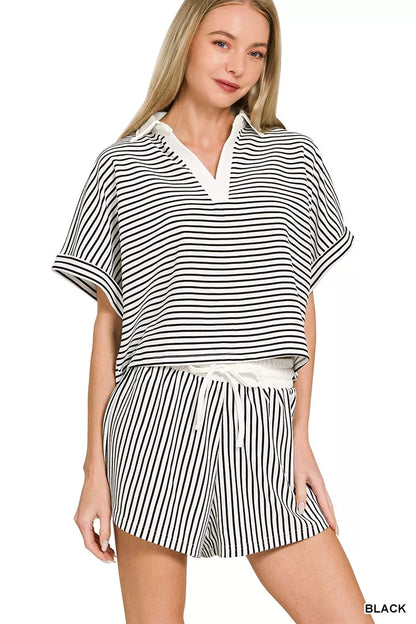 Hazel Blues® |  Zenana Striped Collared Top & Shorts Set