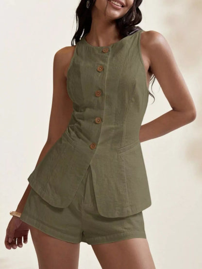 Hazel Blues® |  Button-Down Sleeveless Top and Shorts Set