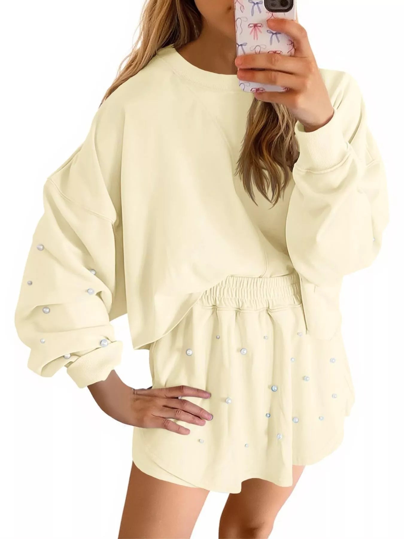 Hazel Blues® |  Pearl Embellished Round Neck Top and Skort Set