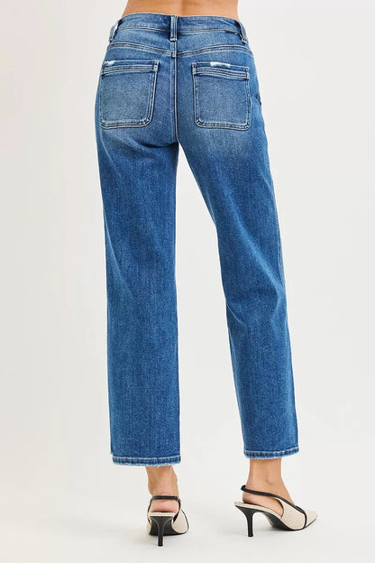 Hazel Blues® |  RISEN High Rise Ankle Straight Distressed Hem Detail Jeans