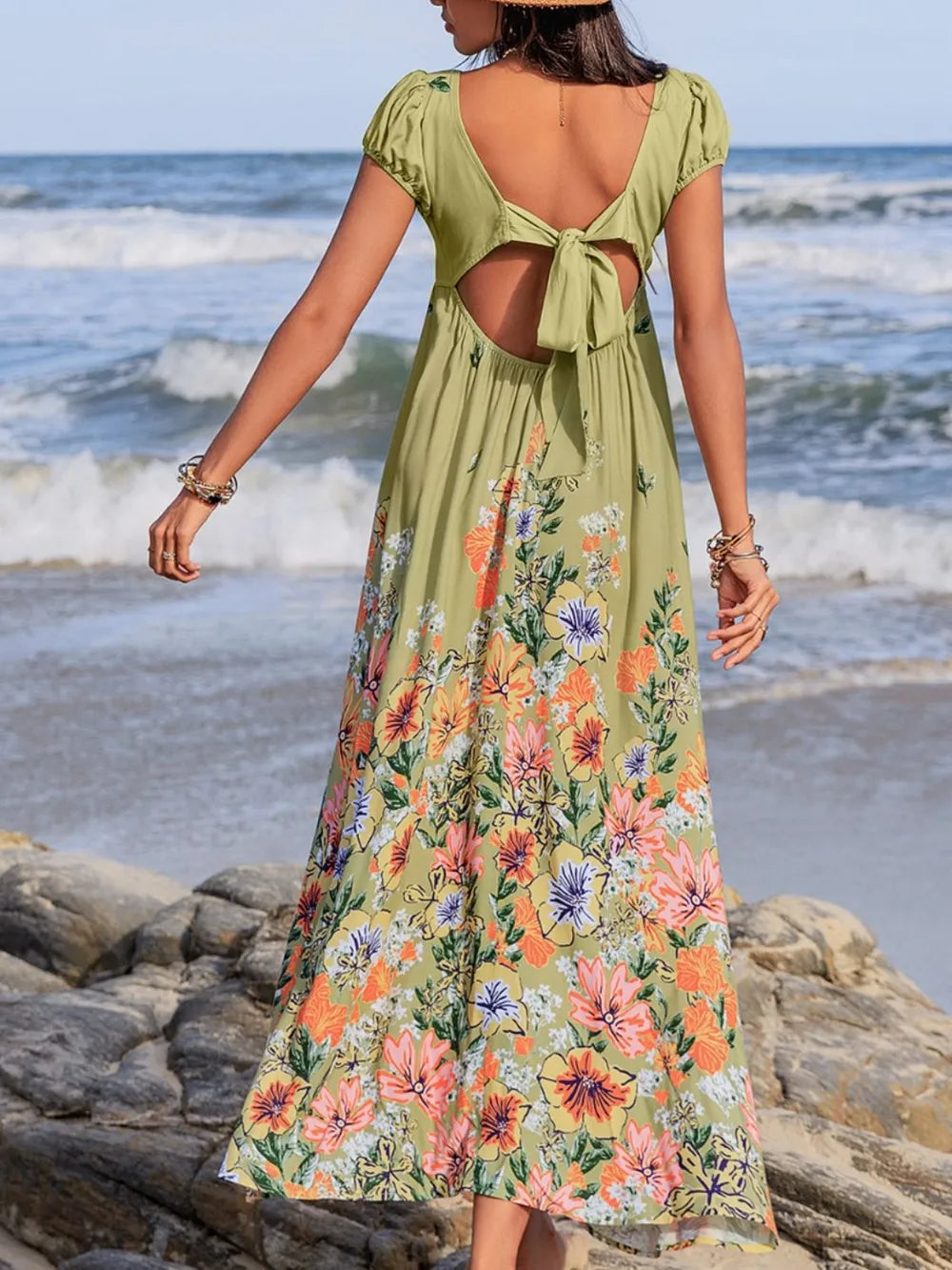 Hazel Blues® |  Backless Printed V-Neck Short Sleeve Maxi Dress