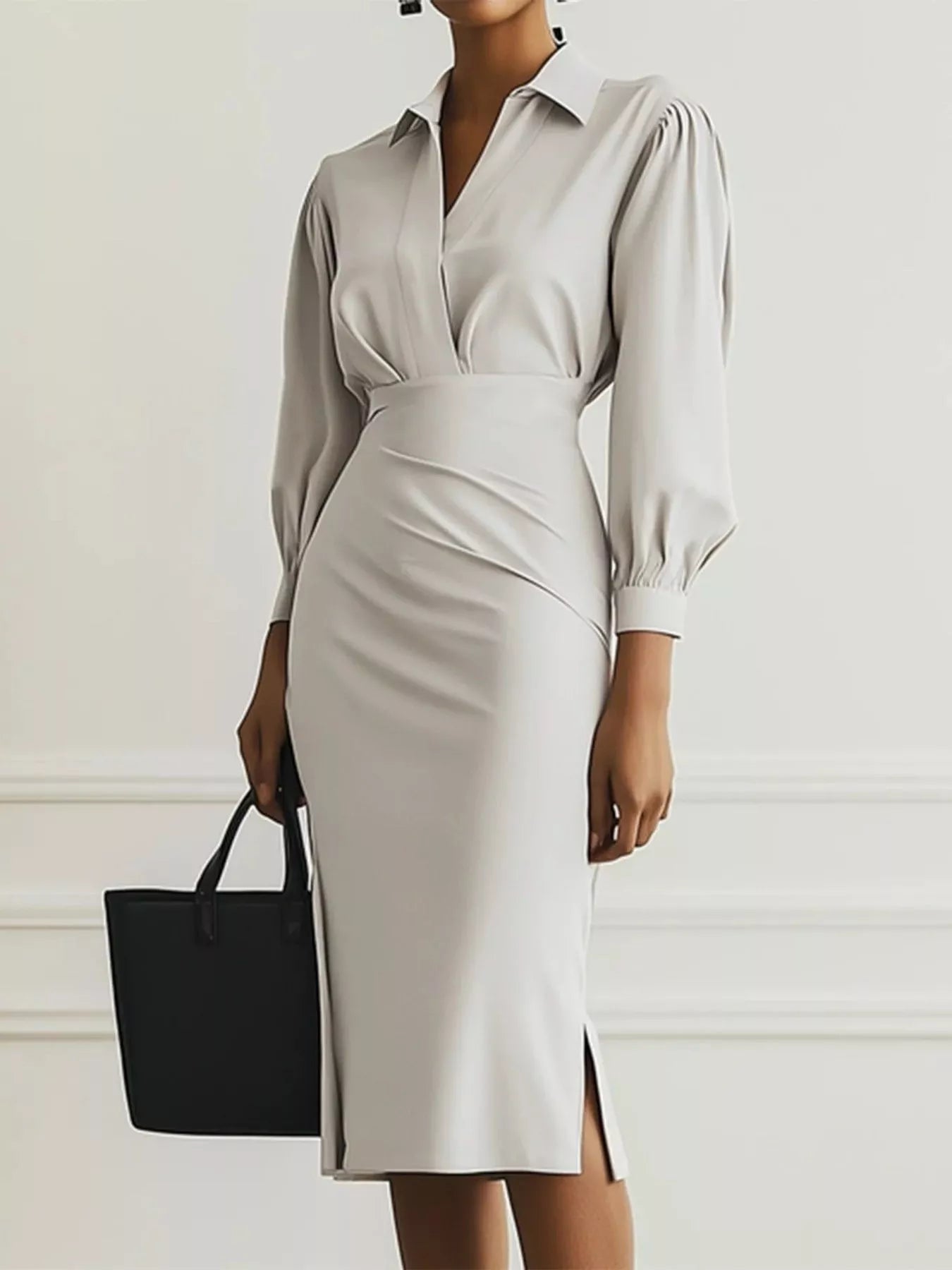 Hazel Blues® |  Ruched Midi Shirt Dress with Side Slit