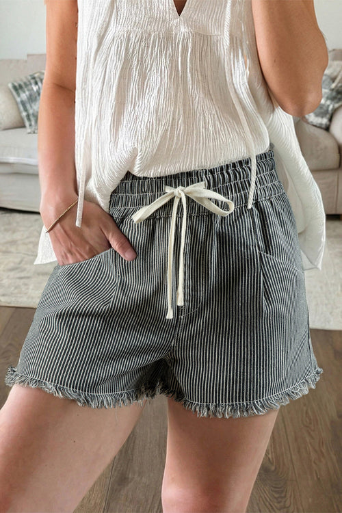 Hazel Blues® |  Black Stripe Raw Edge Drawstring Elastic Waist Casual Denim Shorts