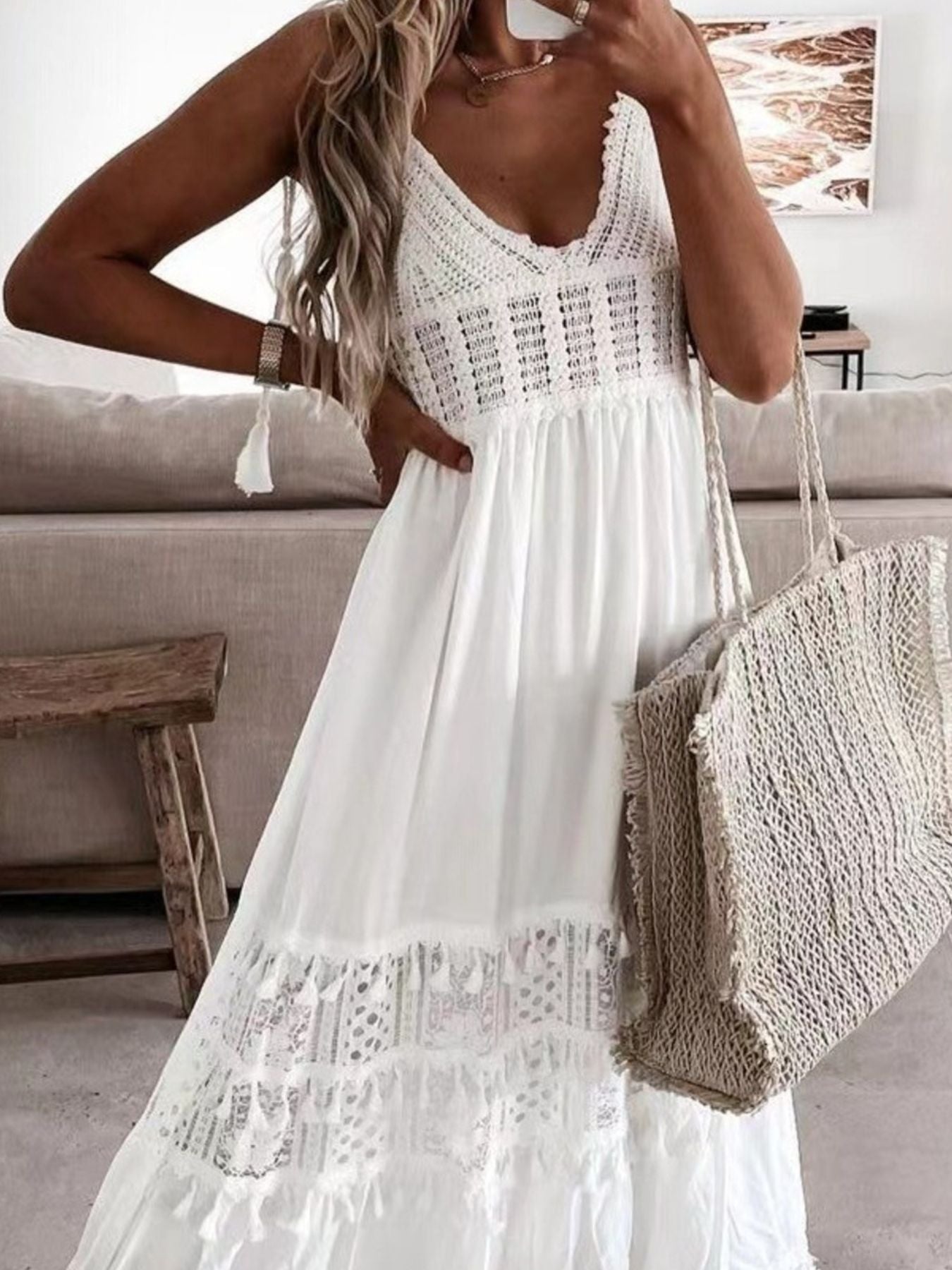 Hazel Blues® | Bohemian Crochet Trimmed Cami Dress with Tassel Trim