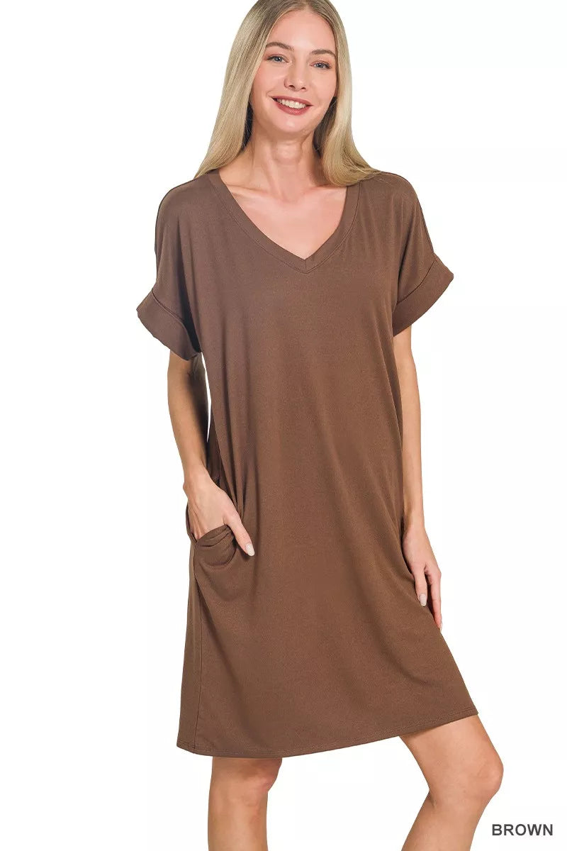 Hazel Blues® |  Zenana Brushed Dty Rolled Short Sleeve V-Neck Dress