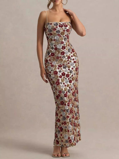Hazel Blues® |  Slit Floral Sequin Bodycon Maxi Dress