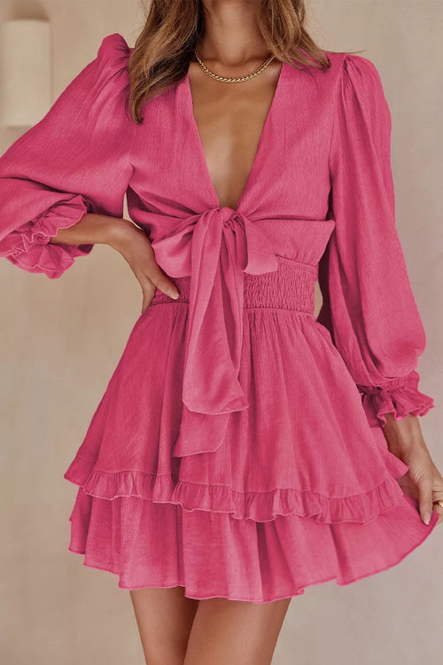 Hazel Blues® |  Elegant Tie-Front Ruffle Mini Dress with Smocked Wiast