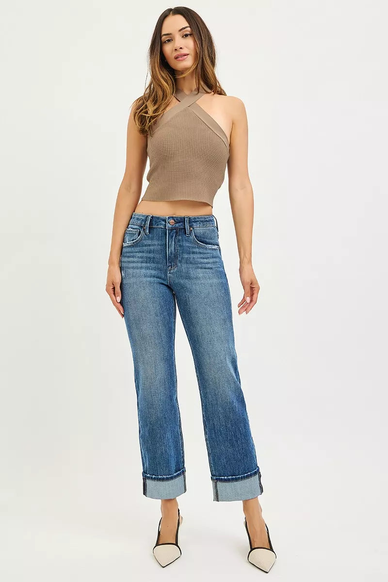 Hazel Blues® | RISEN 4 Way Stretch Slouchy Straight Jeans with Cuffed Hem