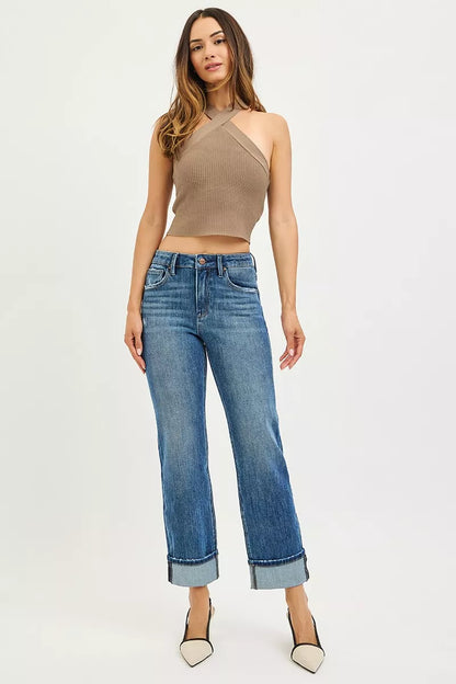 Hazel Blues® | RISEN 4 Way Stretch Slouchy Straight Jeans with Cuffed Hem
