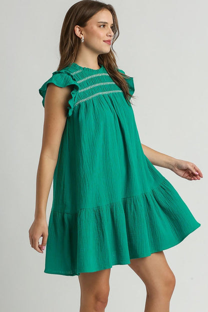 Hazel Blues® | Umgee Smocked Contrast Stitching Ruffle Cap Sleeve Round Neck Dress