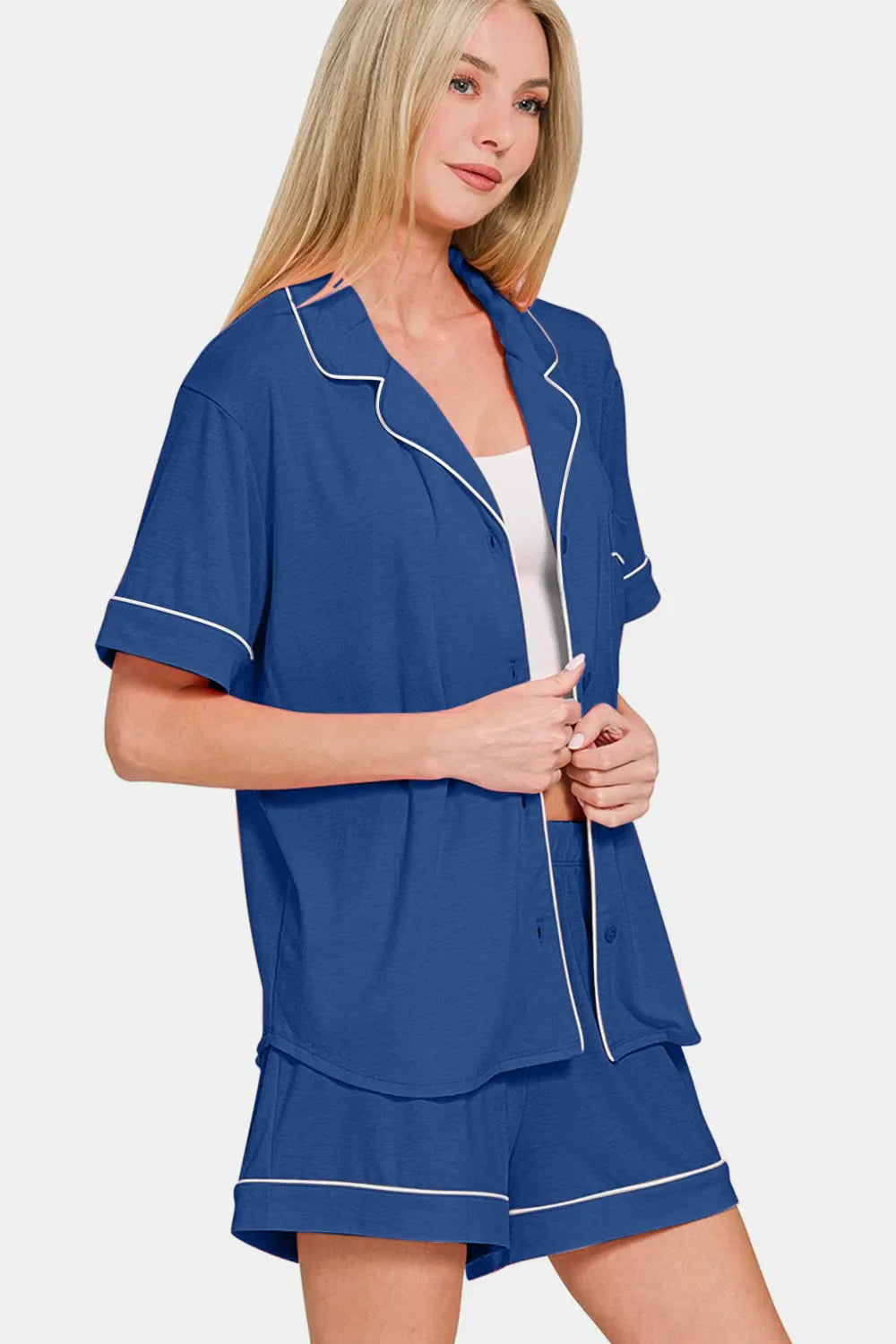 Hazel Blues® |  Zenana Button Down Short Sleeve Top and Shorts Lounge Set