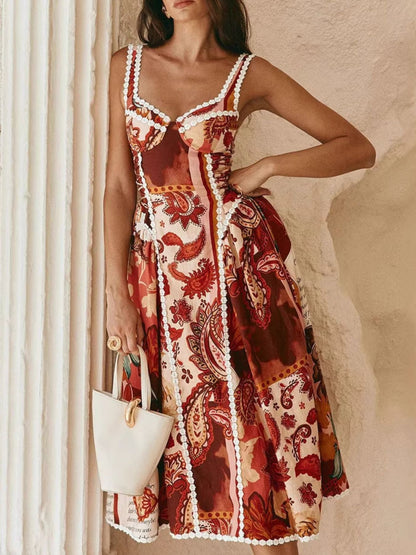 Hazel Blues® |  Vintage Paisley Print Lace Trim Midi Dress