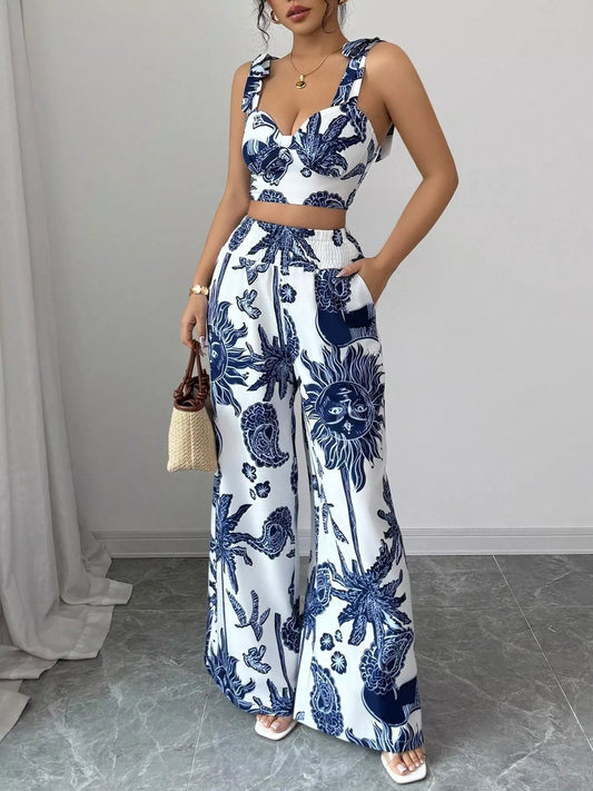 Hazel Blues® |  Floral Print Crop Top and Wide Leg Pants Set