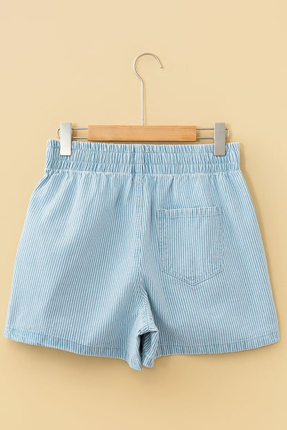 Hazel Blues® | Blue Stripe Contrast Drawstring Elastic Waist Denim Shorts