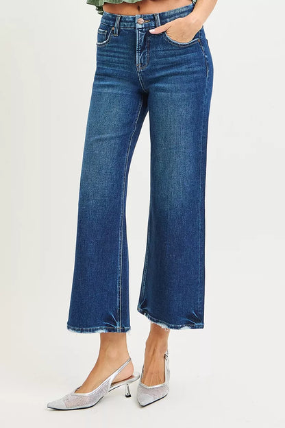 Hazel Blues® |  RISEN Tummy Control 4 Way Stretch High Rise Crop Wide Leg Jeans