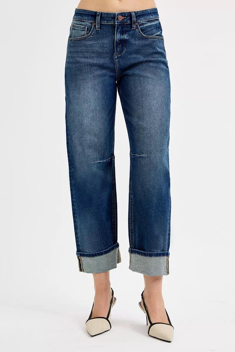 Hazel Blues® |  RISEN Slouchy Crop Barrel Cuffed Jeans
