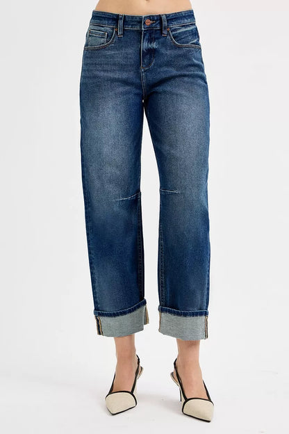 Hazel Blues® |  RISEN Slouchy Crop Barrel Cuffed Jeans
