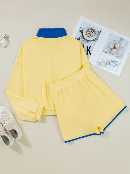 Hazel Blues® |  Color Block Patchwork Half Button Top and Shorts 2pcs Set